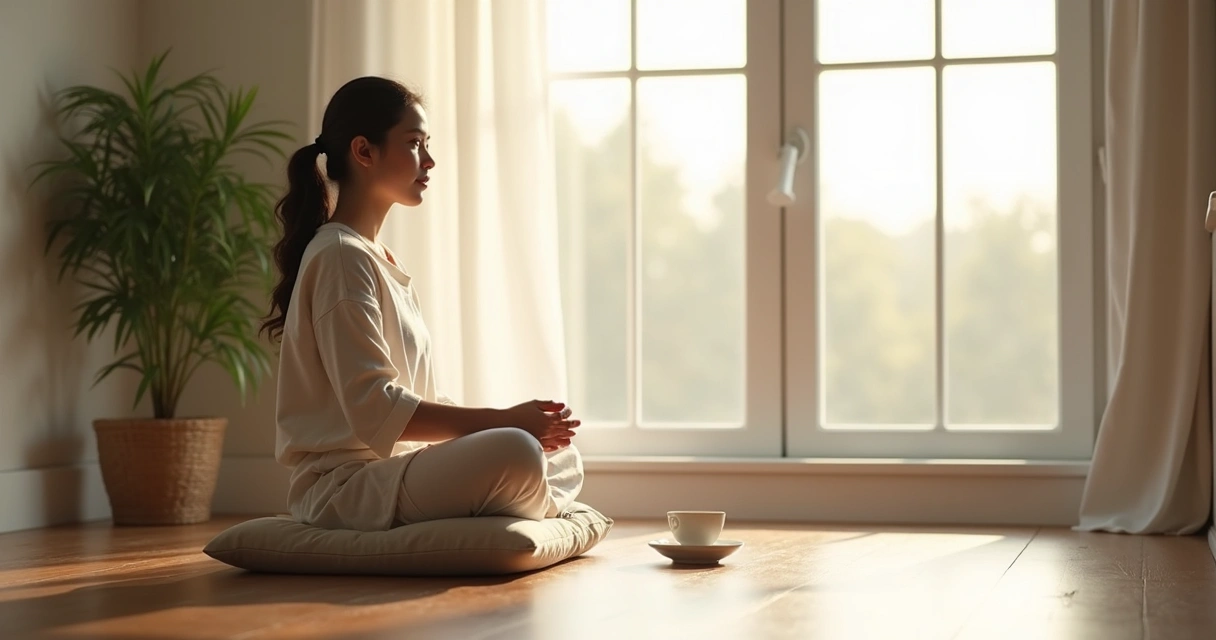 Pessoa sentada em meditação perto de uma janela clara