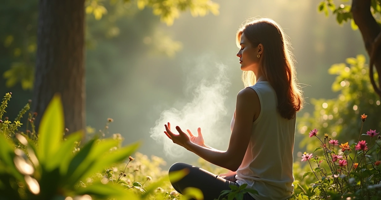 Pessoa meditando em jardim com luz suave ao redor 