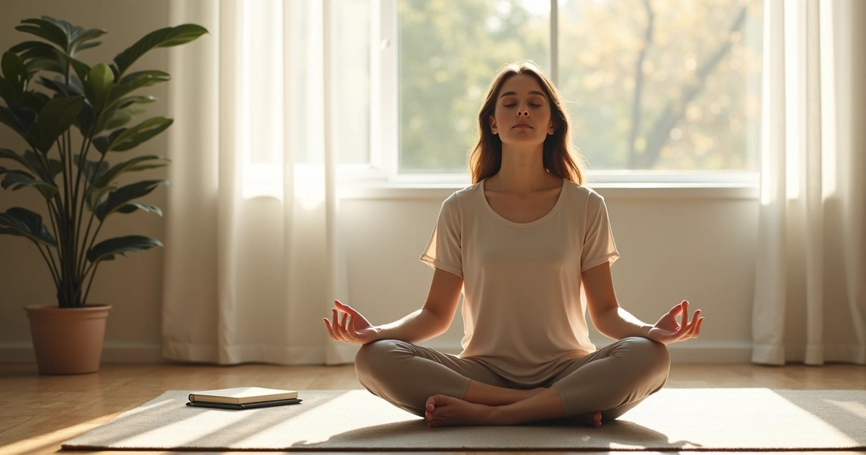 Pessoa sentada em posição de meditação em ambiente tranquilo, começo do dia, luz suave entrando pela janela 