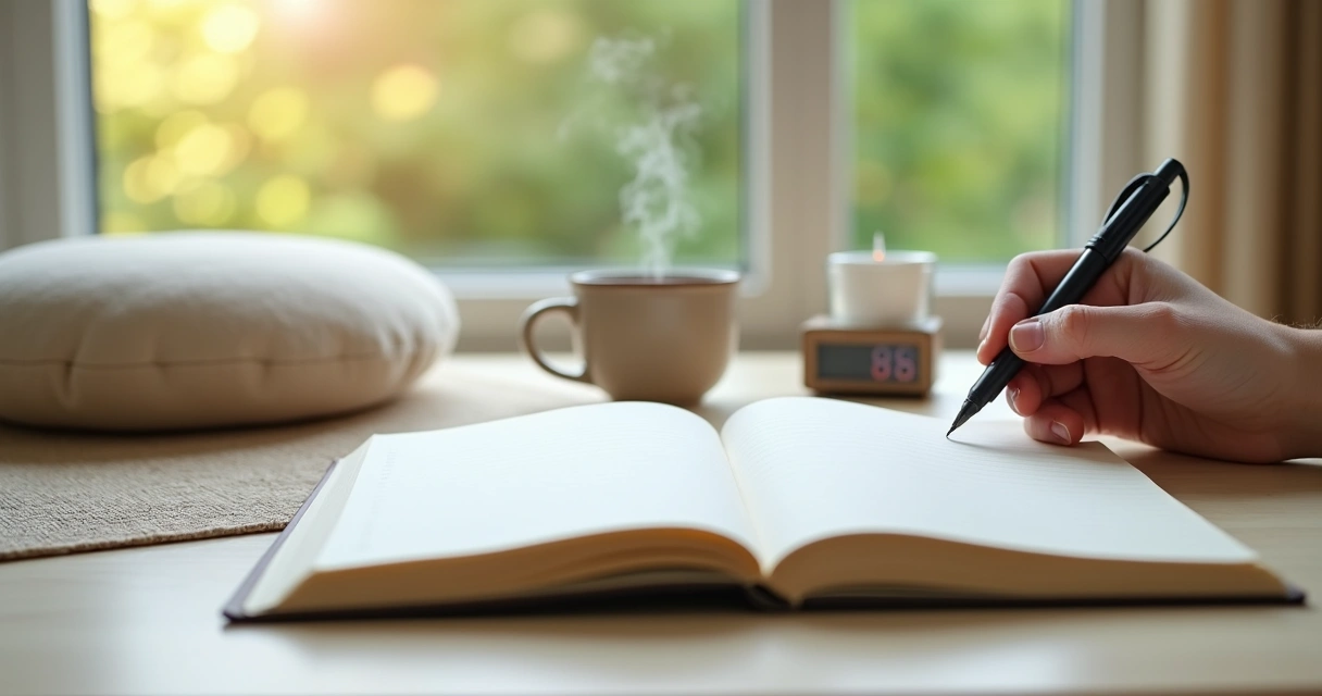 Pessoa escrevendo em caderno de journaling ao lado de almofada de meditação 