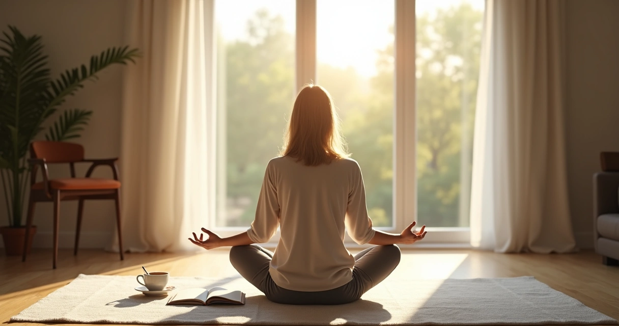 Pessoa sentada em posição de meditação com um caderno aberto à frente, próximo de uma janela iluminada pela luz da manhã, com uma xícara ao lado do caderno.