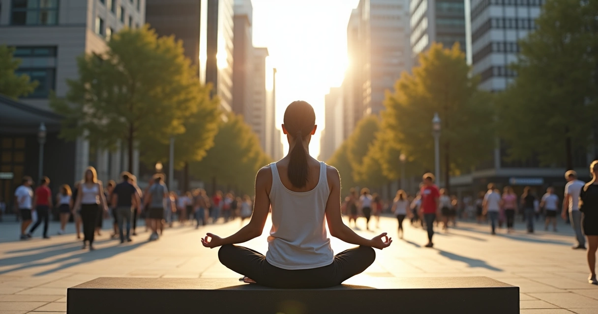 Mulher sentada em posição de meditação em praça urbana, cercada por prédios e pessoas caminhando ao fundo 