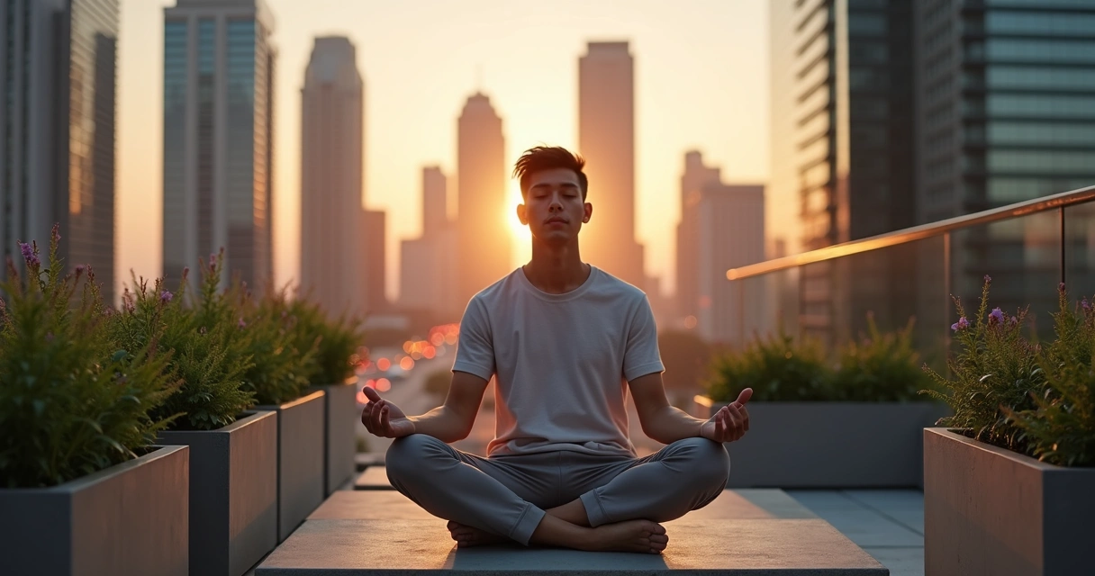 Jovem sentado meditando em meio a cidade grande ao entardecer 