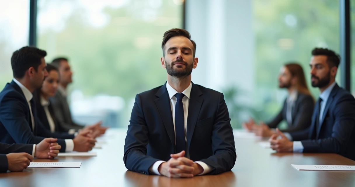 Líder sentado em sala de reunião, olhos fechados, mãos sobre a mesa meditando