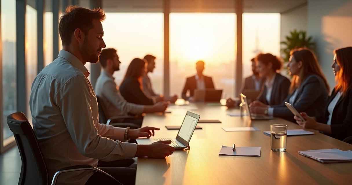 Líder sentado em posição de meditação em sala de reunião moderna com equipe ao fundo 