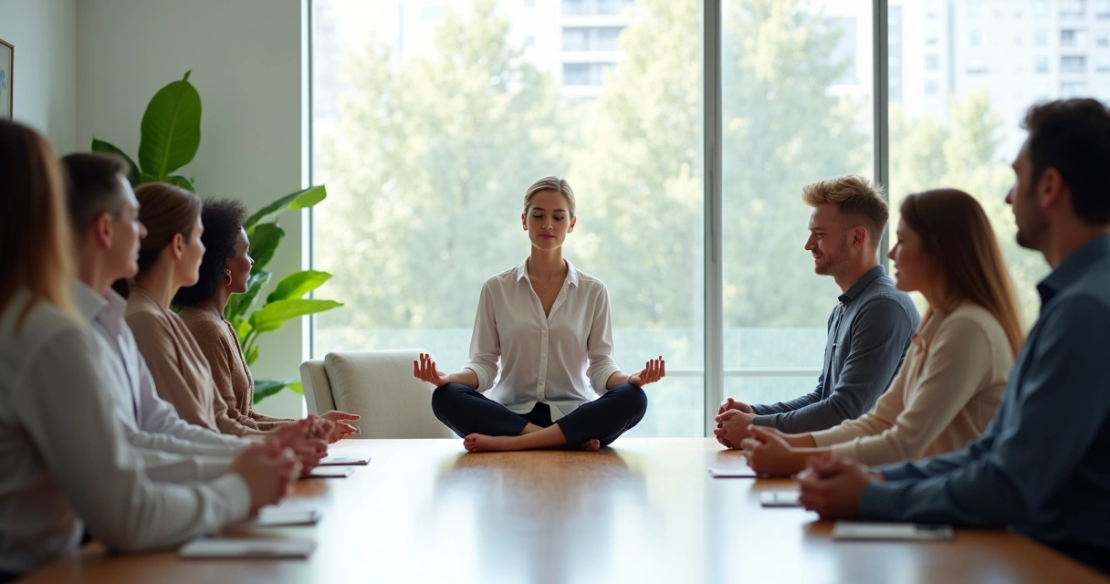 Líder mulher sentada em postura de meditação em sala de reunião com equipe atenta ao redor 