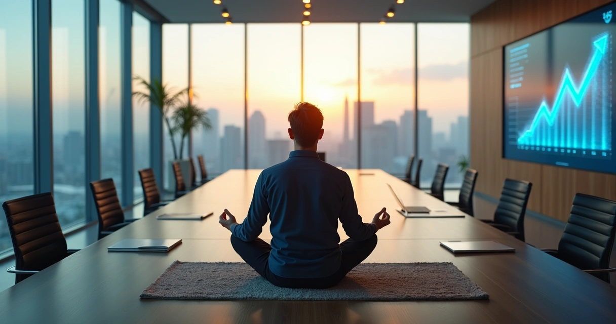 Líder em meditação sentado em sala de reunião moderna com cidade ao fundo 