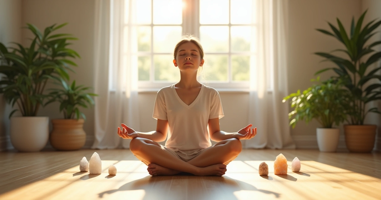 Pessoa sentada meditando em casa com luz natural e pedras ao redor 