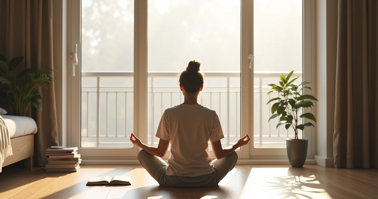Pessoa sentada em meditação perto de uma janela com luz suave