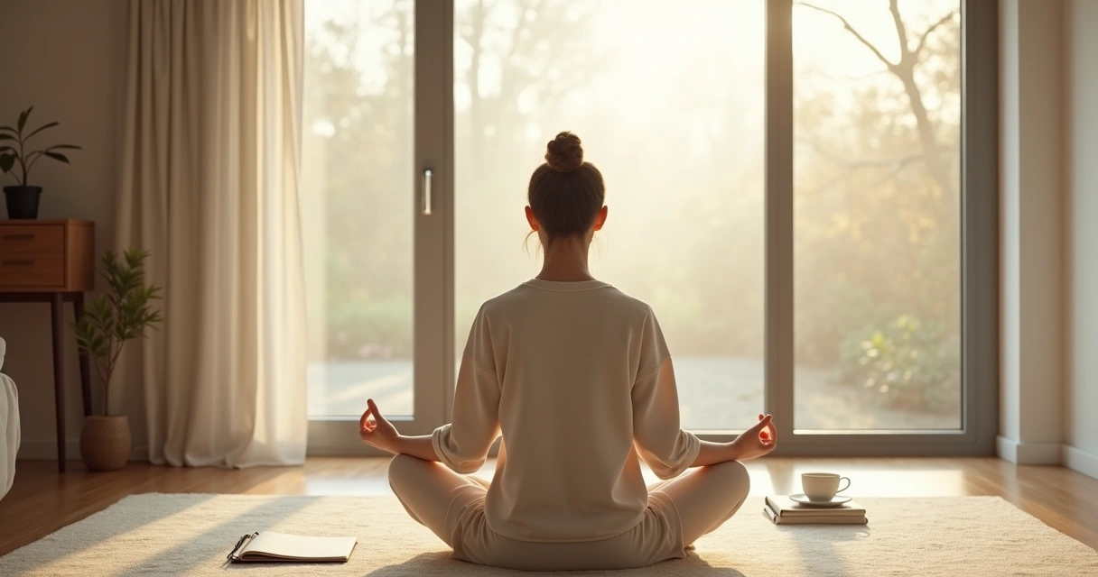 Pessoa sentada em meditação perto de uma janela com luz suave 