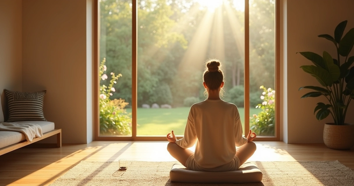 Pessoa meditando em almofada próxima a grande janela com luz natural suave 