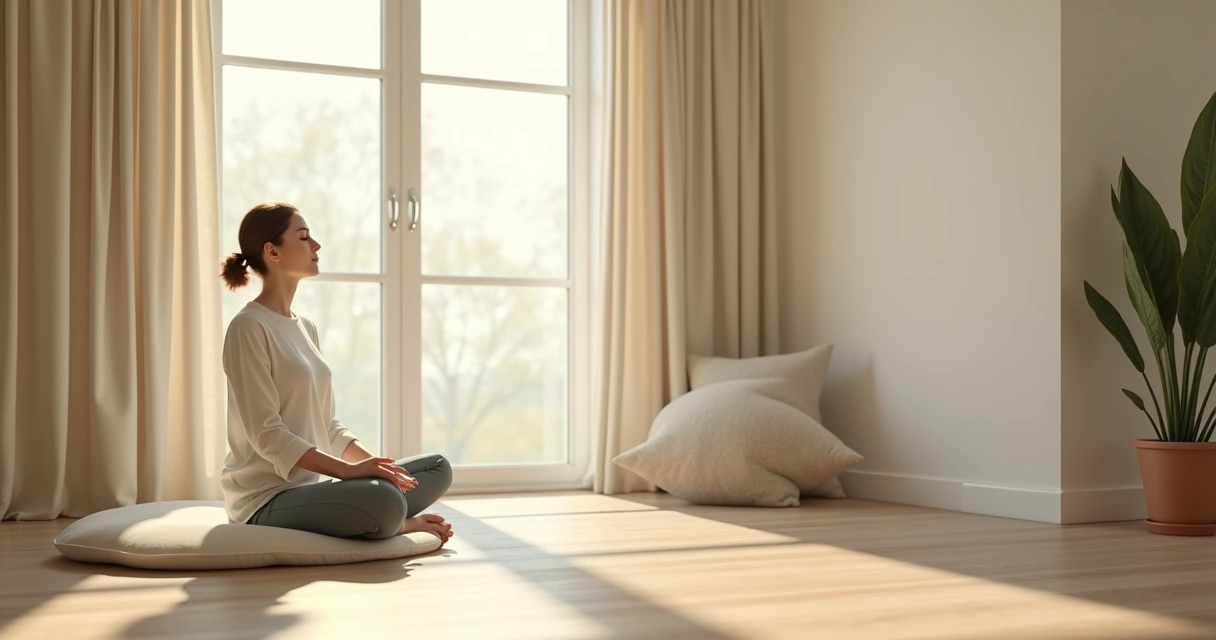Pessoa sentada em meditação perto de uma janela com luz suave