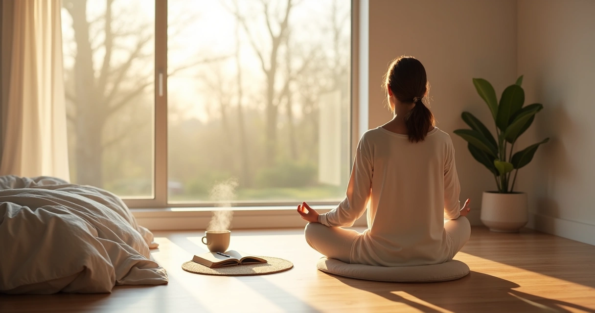 Pessoa sentada meditando perto da janela com luz suave da manhã 