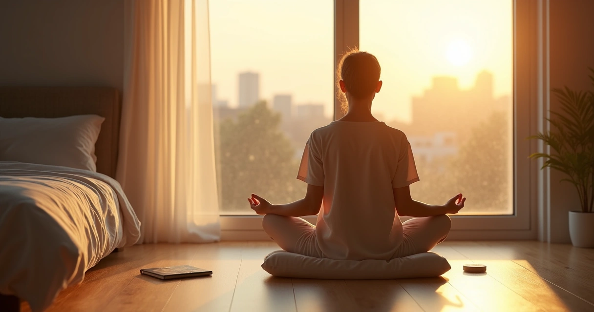 Pessoa meditando ao amanhecer em frente a uma janela iluminada 