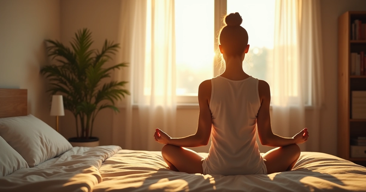 Pessoa sentada em posição de meditação na beira da cama, ao amanhecer, com luz suave entrando pela janela 