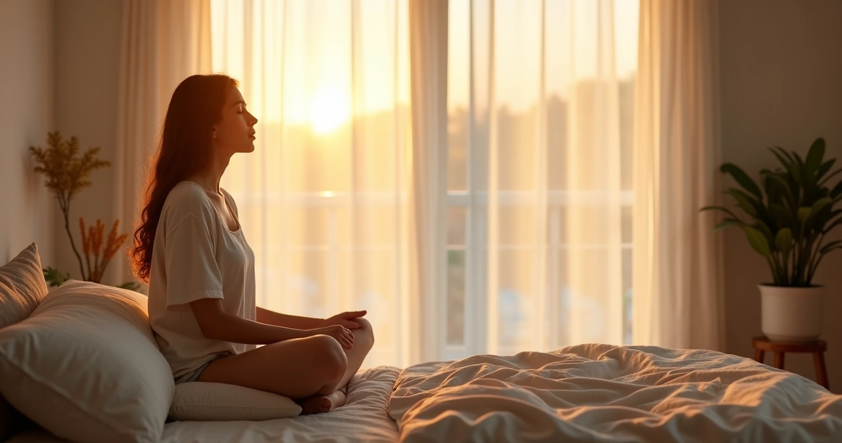 Pessoa sentada meditando perto da janela ao amanhecer