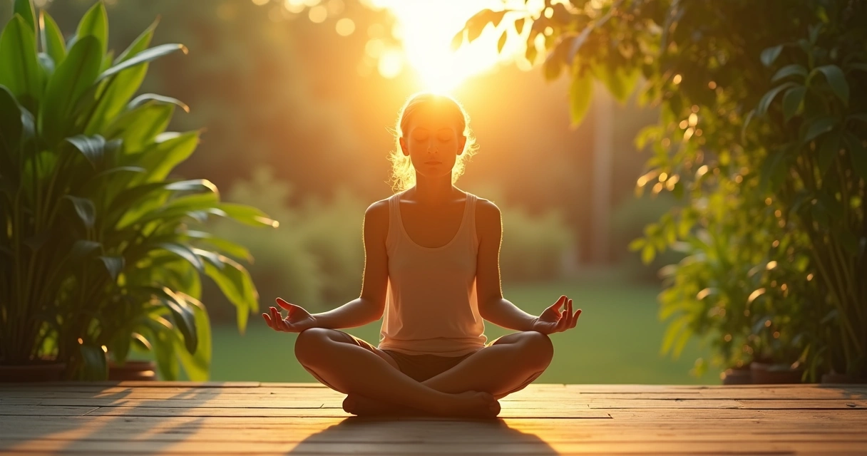 Pessoa meditando no jardim ao amanhecer
