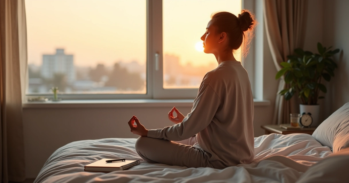 Pessoa sentada na cama meditando perto de uma janela iluminada ao amanhecer 