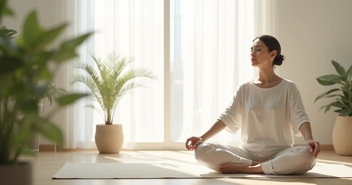 Pessoa sentada em postura de meditação em ambiente claro de manhã 