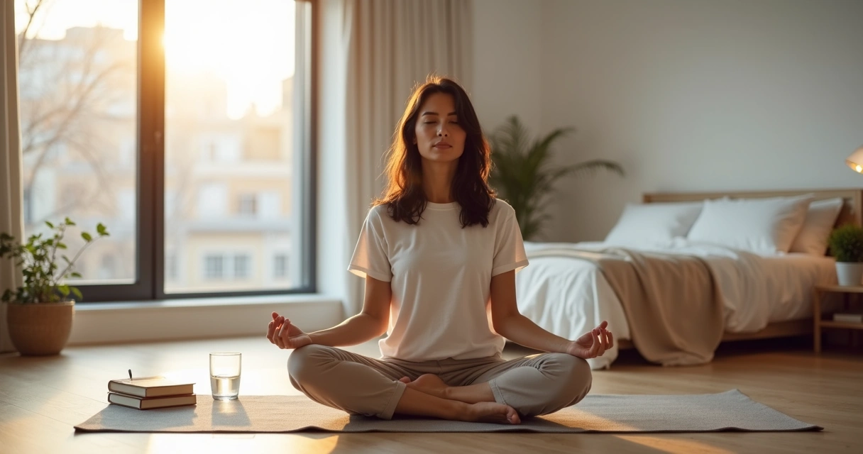 Mulher sentada meditando ao amanhecer em ambiente minimalista e claro 