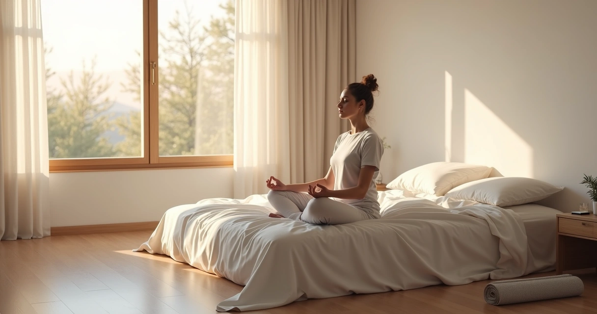 Pessoa sentada na cama meditando ao amanhecer em um quarto claro e organizado 