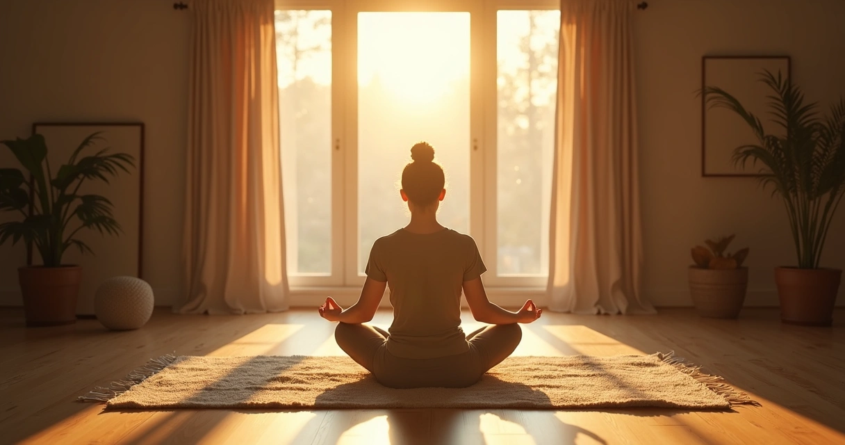 Pessoa meditando sentada com sol da manhã entrando pela janela 
