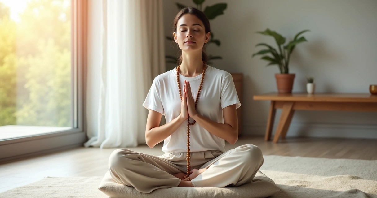 Pessoa sentada em posição de meditação com japamala nas mãos e luz suave ao fundo 