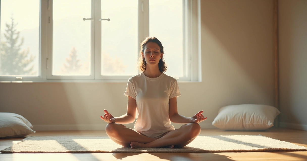 Pessoa sentada em posição de meditação em uma sala iluminada, com objetos minimalistas ao redor e luz suave natural vinda da janela.