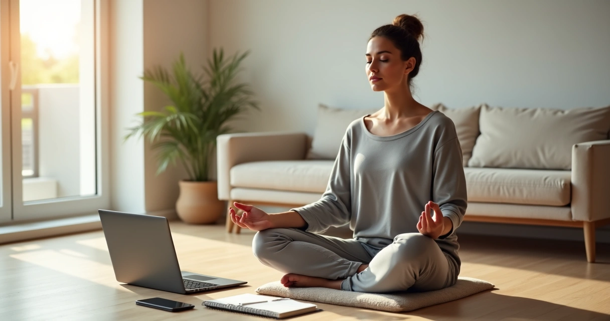 Adulto sentado em meditação com notebook e agenda ao lado 