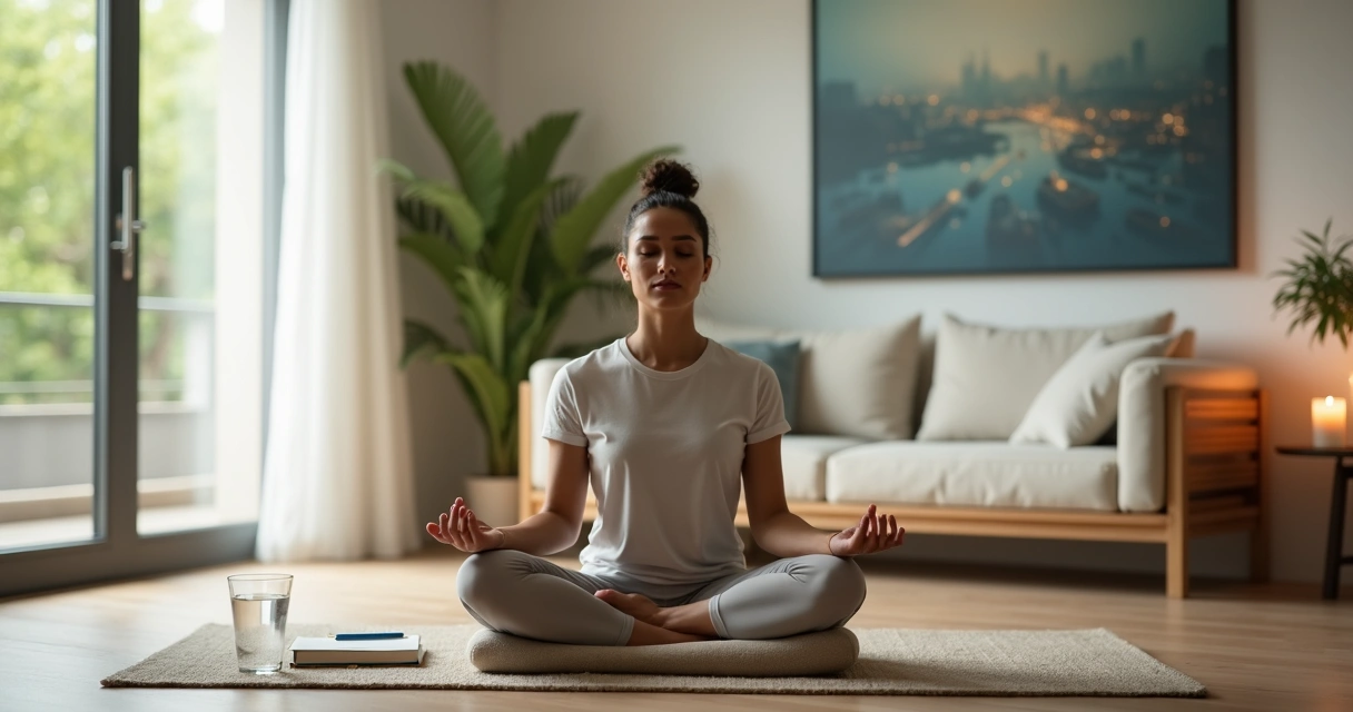 Pessoa sentada em postura de meditação em sala clara com sensação de calma interior 