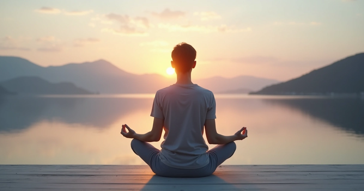 Pessoa meditando sentada ao amanhecer diante de paisagem ampla e minimalista 