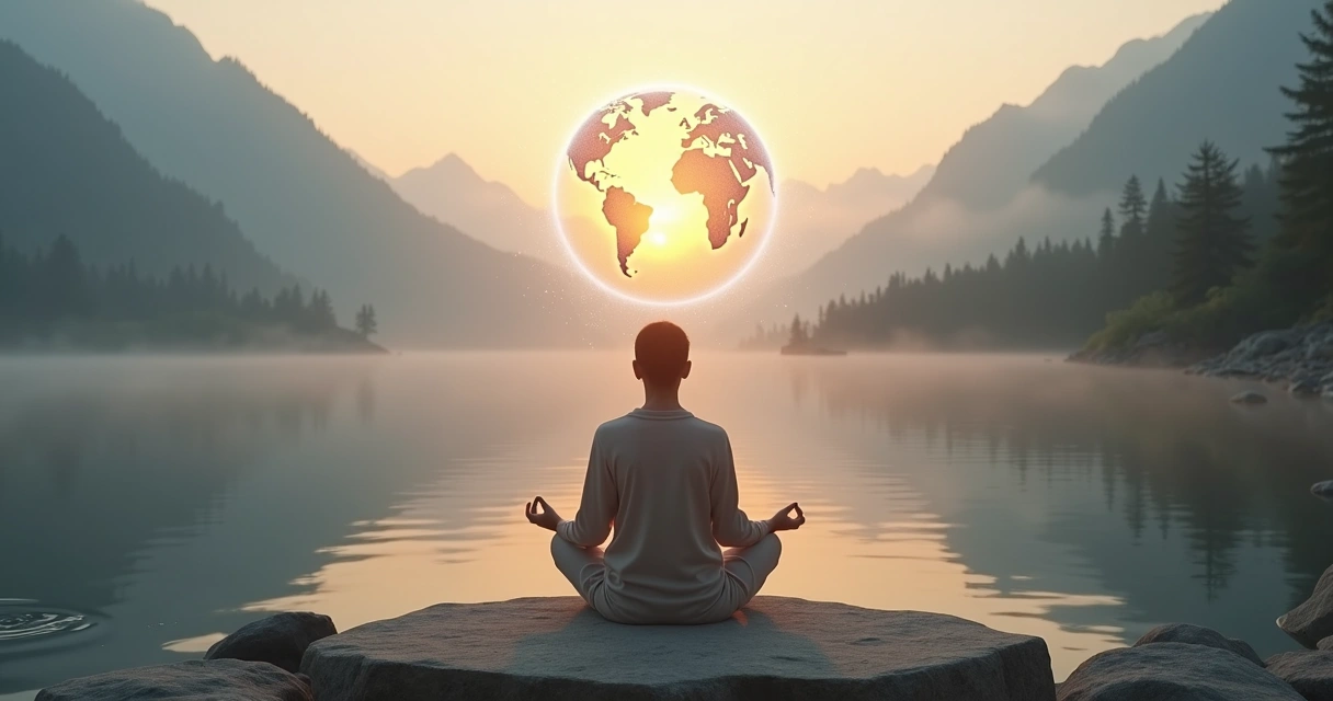 Pessoa meditando em ambiente natural com conexão entre mente e planeta Terra 