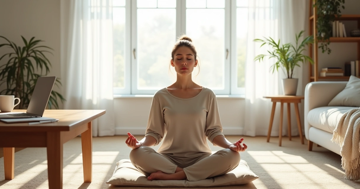Pessoa sentada em meditação em sala iluminada com objetos do cotidiano ao redor 