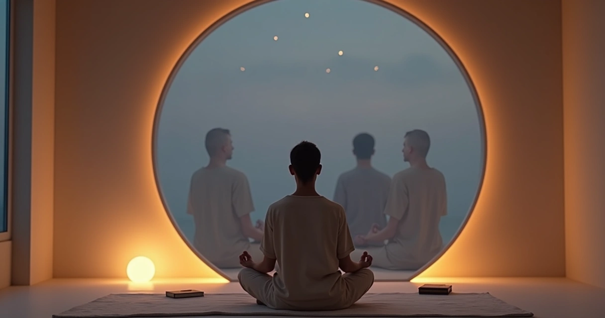 Pessoa em sala minimalista com reflexo fragmentado em espelho representando desafios internos da meditação 