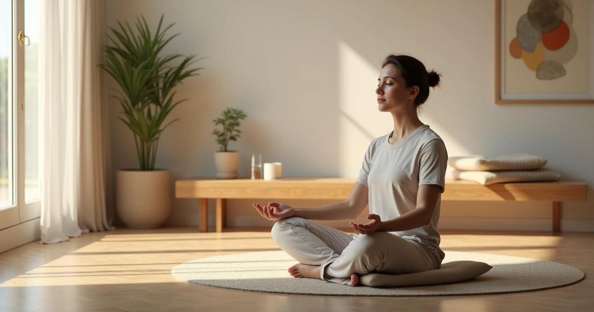 Pessoa sentada em meditação no chão de uma sala iluminada pela luz da manhã 