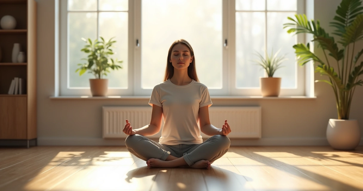 Pessoa sentada praticando meditação em sala iluminada pelo sol 