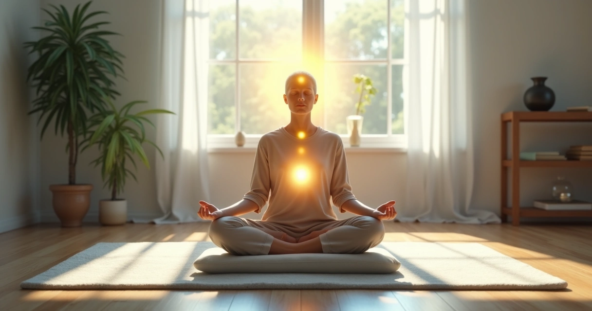 Pessoa meditando em posição de lótus com fluxo de luz ligando mente e coração 