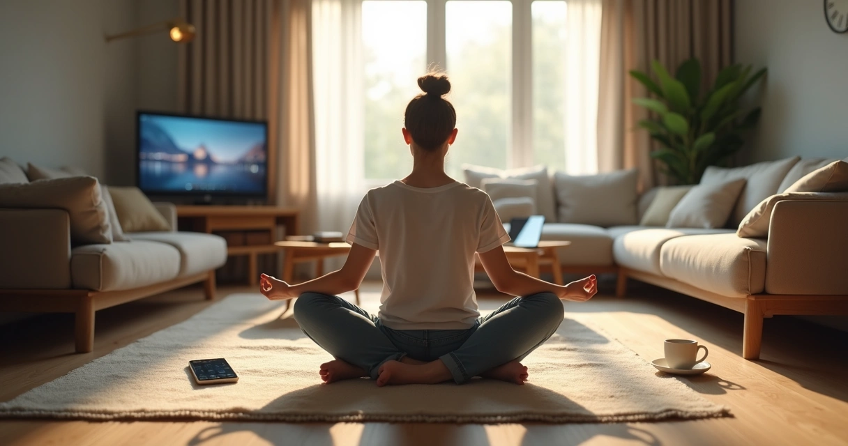 Pessoa meditando em casa com distrações ao redor 
