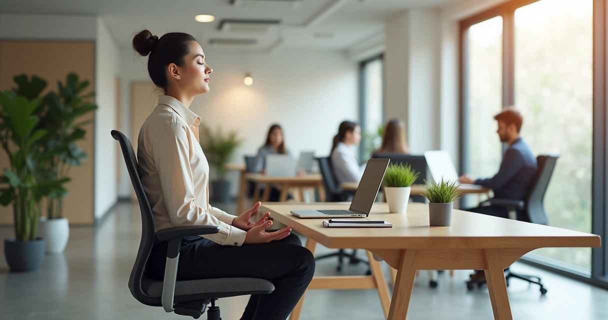 Profissional sentado em postura de meditação em frente ao laptop em escritório moderno 