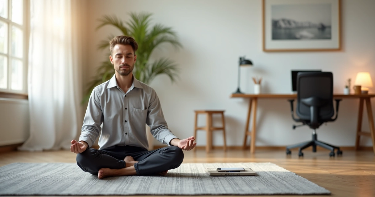 Pessoa em traje casual sentado em meditação em sala moderna com notebook ao lado 