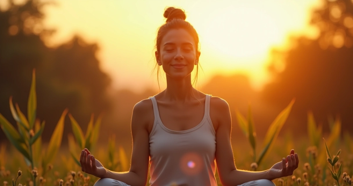 Pessoa sentada em postura meditativa ao nascer do sol, foco no relaxamento corporal, cenário natural e iluminado 
