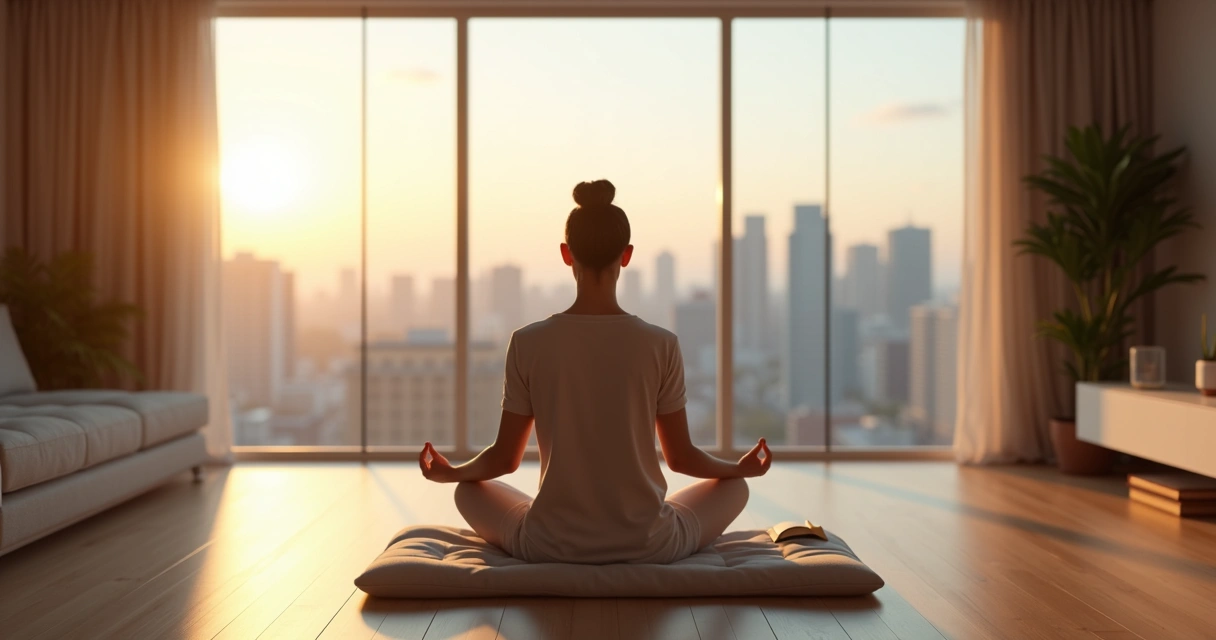 Pessoa sentada em meditação em sala moderna com luz suave e vista para cidade ao fundo 
