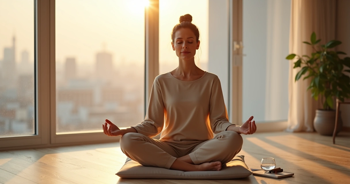 Pessoa sentada meditando em posição confortável em sala iluminada ao amanhecer 