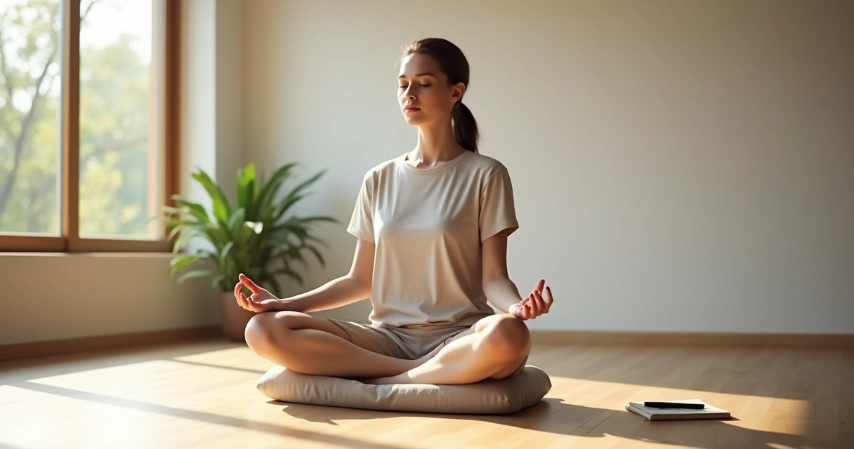 Pessoa meditando em posição confortável em sala minimalista com luz suave 