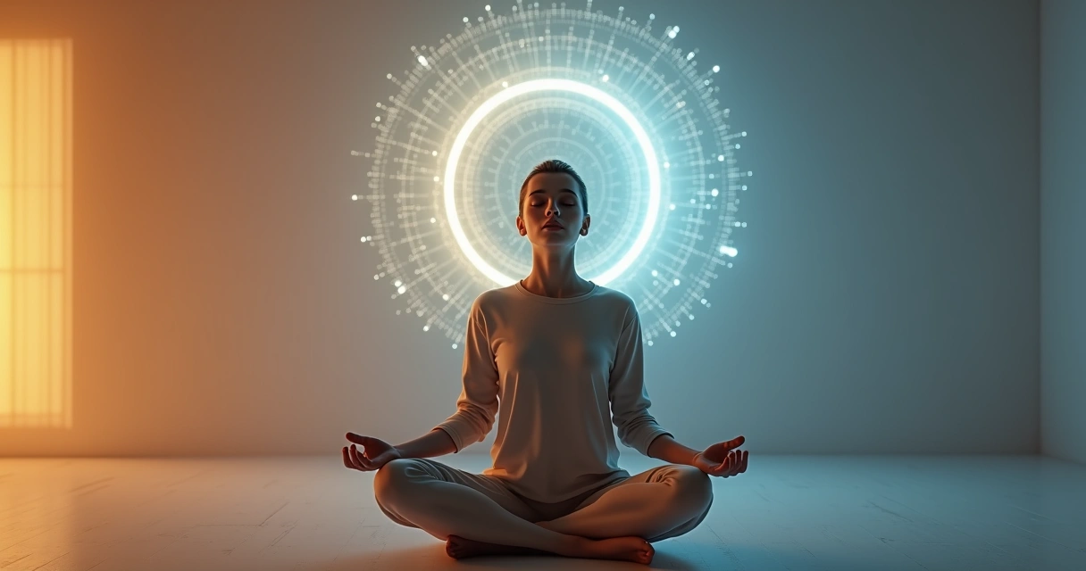 Pessoa meditando em cadeira com círculo de luz tecnológica ao redor da cabeça 