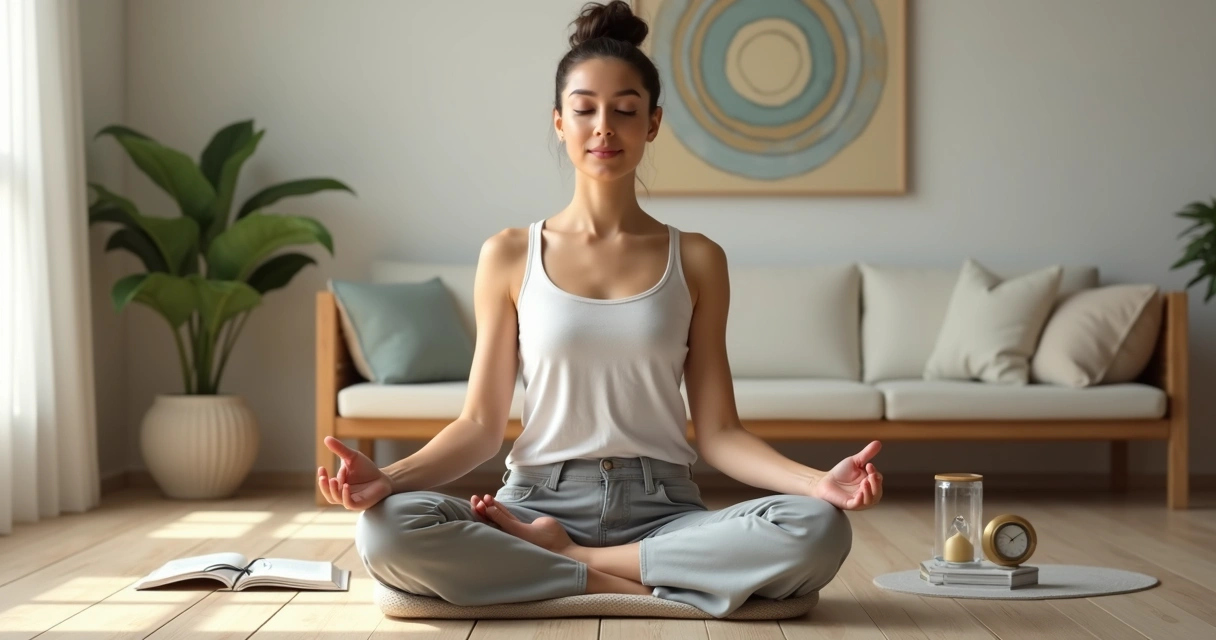 Mulher sentada meditando em sala clara com luz suave e caderno ao lado 