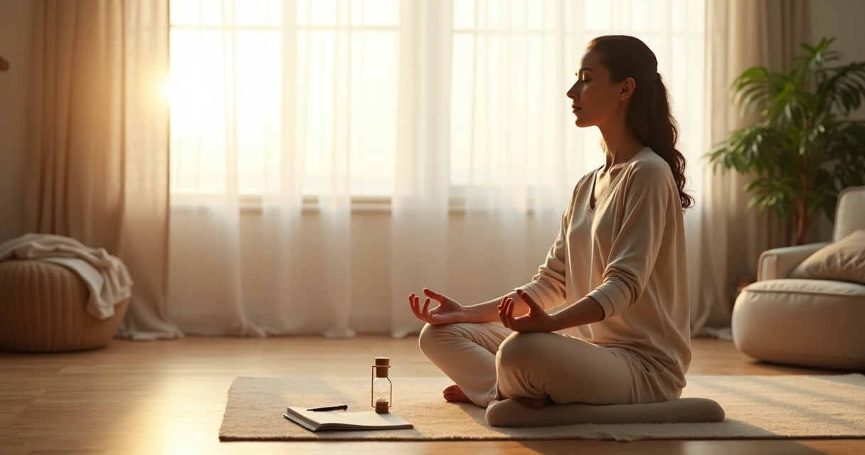 Mulher sentada em meditação em sala clara com luz suave e caderno ao lado 