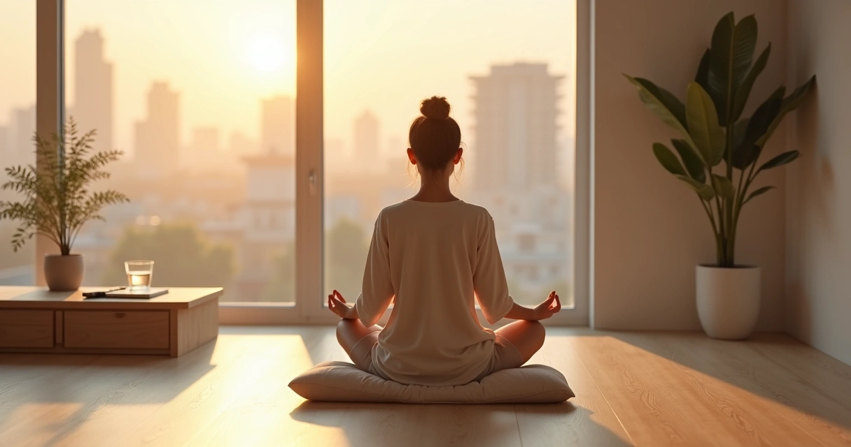 Pessoa sentada meditando em posição confortável em um ambiente minimalista e acolhedor 