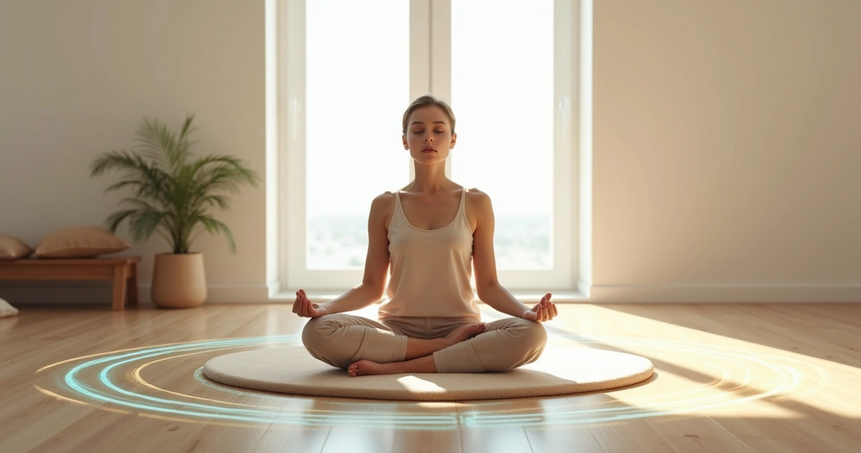 Pessoa sentada em meditação em sala clara com círculos de energia ao redor do corpo 