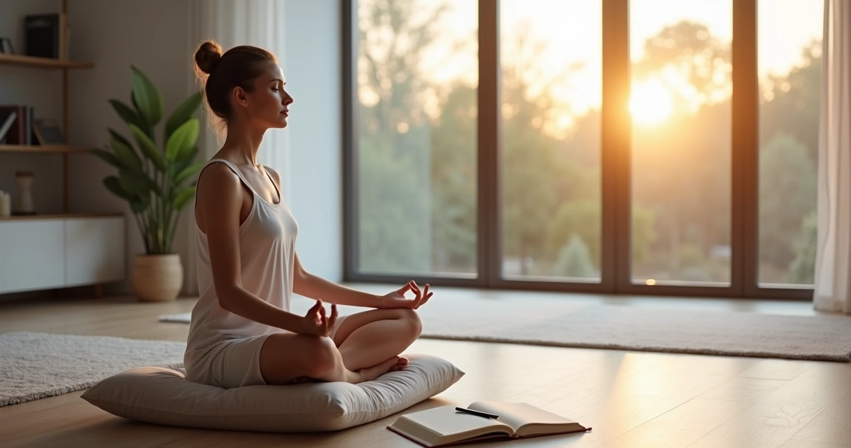 Pessoa meditando em sala minimalista com luz suave e caderno ao lado 